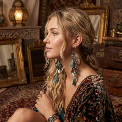 Boho Feather Tassel Earrings,Ethnic Vintage Bohemian Retro Turquoise Beaded Dangle Drop Earrings,Long Vintage Shell Statement Jewelry Gift Country Concert and Summer Festival Accessories