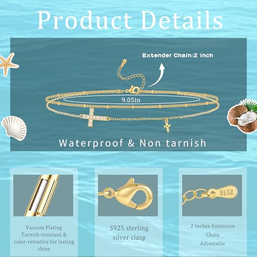 Sterling Silver Ankle Bracelets for Women 14K Gold Waterproof Layered Stackable Bead Chain Cross Charm Non Tarnish Large Adjustable Anklet for Summer Beach Jewelry Gift - color: goldA