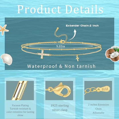 Sterling Silver Ankle Bracelets for Women 14K Gold Waterproof Layered Stackable Bead Chain Cross Charm Non Tarnish Large Adjustable Anklet for Summer Beach Jewelry Gift - color: goldA