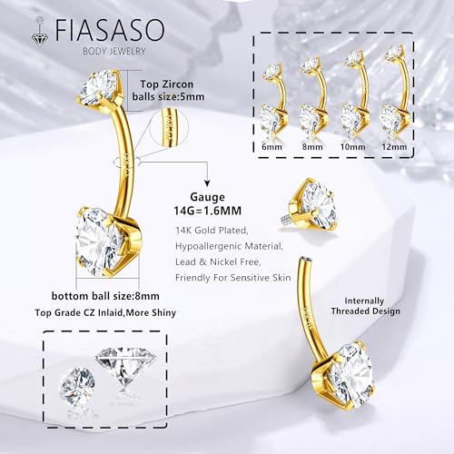 14G Surgical Steel G23 Titanium Sterling Silver 14K Gold Plated Belly Button Rings for Women Round Cubic Zirconia Navel Barbell Stud Hypoallergenic Body Piercing Jewelry - color: 14K Gold Plated, size: 6mm-Ultra-Slim