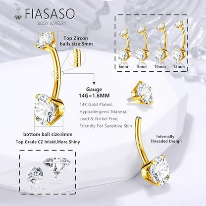 14G Surgical Steel G23 Titanium Sterling Silver 14K Gold Plated Belly Button Rings for Women Round Cubic Zirconia Navel Barbell Stud Hypoallergenic Body Piercing Jewelry - color: 14K Gold Plated, size: 6mm-Ultra-Slim