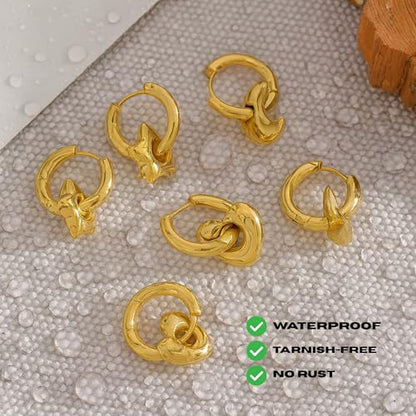 18K Gold Plated Huggie Hoop Earrings for Women, Waterproof Stainless Steel Celestial Moon Star Heart Charm Chunky Everyday Earrings - style: Star
