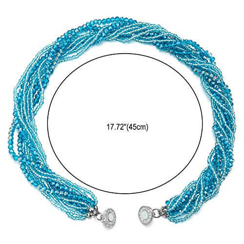 COOLSTEELANDBEYOND Multi-Layer Beads Crystal Braided Chain Choker Collar Magnetic Clasp,Statement Necklace, Bracelet - color: M1-Necklace Teal Blue Color