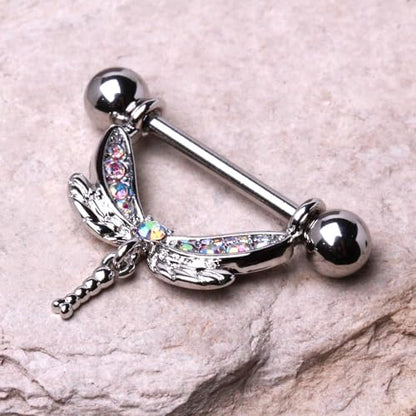Pierced Owl 14GA 316L Stainless Steel CZ Crystal Aurora Borealis Dragonfly Dangling Nipple Barbells, Sold as a Pair