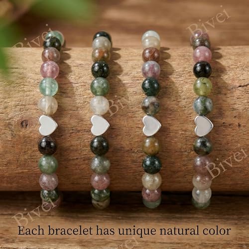 Bivei Crystal Stretch 6mm Bracelets for Women | Handmade Natural Stone Beaded Stretch Bracelet, Stainless Steel Heart Bead, Tranquility Yoga Gift Jewelry for Women - color: Rainbow Tourmaline - Balancing