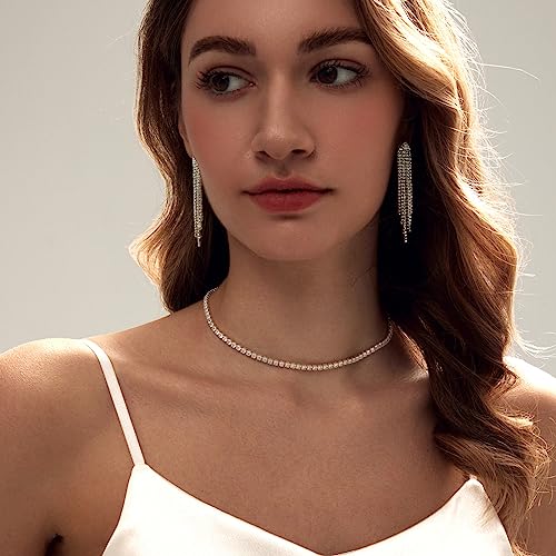 HAXIYA Tennis Necklace Bracelet for Women, Sterling Sliver Jewelry Set, Silver/Gold Chocker Necklace, Crystal Bracelet for Women, Wedding Jewelry for Bride, Sparkly Party Prom Hypoallergenic - color: Tassle Set of 3 - Silver