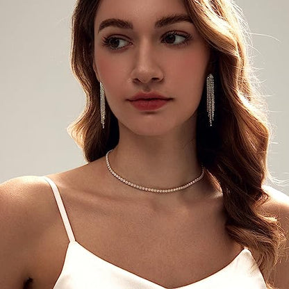 HAXIYA Tennis Necklace Bracelet for Women, Sterling Sliver Jewelry Set, Silver/Gold Chocker Necklace, Crystal Bracelet for Women, Wedding Jewelry for Bride, Sparkly Party Prom Hypoallergenic - color: Tassle Set of 3 - Silver
