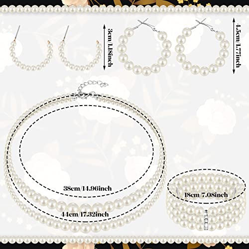Glenmal Pearl Rhinestone Jewelry Set for Women Pearl Necklace Bracelet Earrings for Wedding Halloween Bridal Shower Tea Party - style: Simple Style