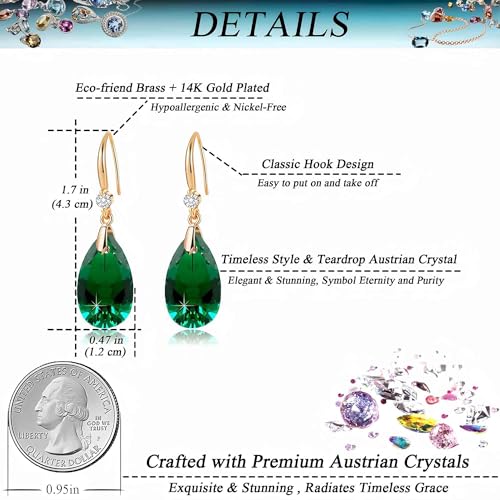 Austrian Crystal Teardrop Dangle Drop Earrings for Women 14K Gold Plated Hook Earring Hypoallergenic Jewelry Gifts for Women Girls - color: Emerald