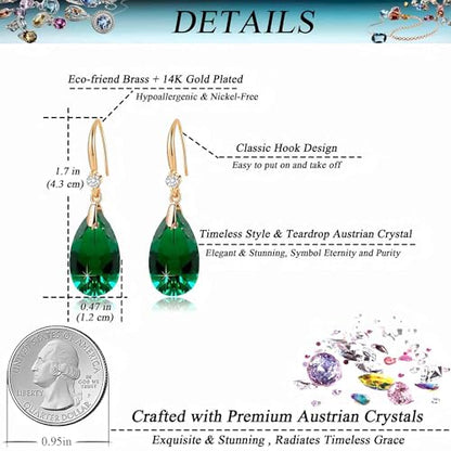 Austrian Crystal Teardrop Dangle Drop Earrings for Women 14K Gold Plated Hook Earring Hypoallergenic Jewelry Gifts for Women Girls - color: Emerald