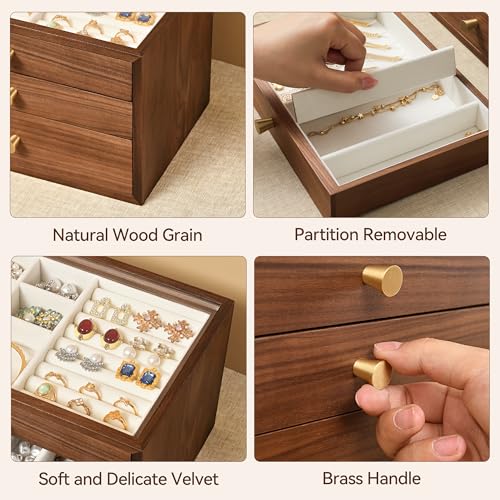 Black Walnut Wooden Jewelry Box for Women, 3 Layer Solid Wood Organizer with Glass Lid and Drawer, Large Storage for Necklace Ring Earrings Watch Bracelet, Birthday Gift for Mom Girls