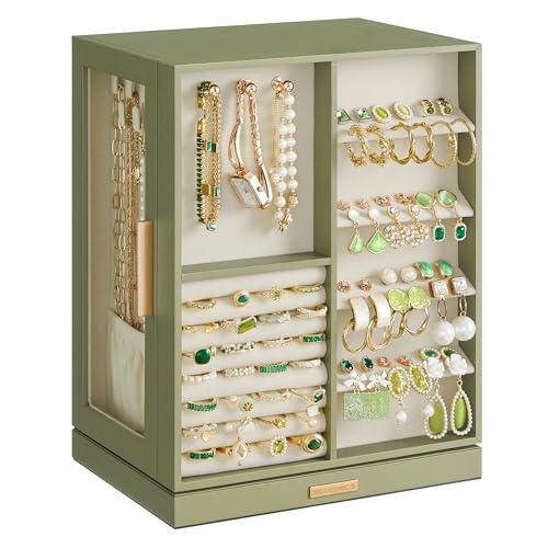 SONGMICS GISELLA Collection - Jewelry Box Organizer 360° Rotating, Vertical Jewelry Storage Case with 5 Drawers, Glass Window, Spacious, Open Design, Great Gift, Laurel Green UJBC170C02 - color: Laurel Green, size: 5 Drawers (6.3"d X 8.7"w X 11.2"h)