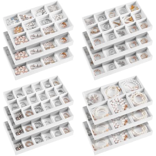 12 Pcs Jewelry Tray Velvet Stackable Jewelry Organizer Trays Divided Earring Accessories Storage Containers Box (Rose Red) - color: White