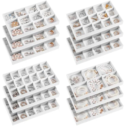 12 Pcs Jewelry Tray Velvet Stackable Jewelry Organizer Trays Divided Earring Accessories Storage Containers Box (Rose Red) - color: White
