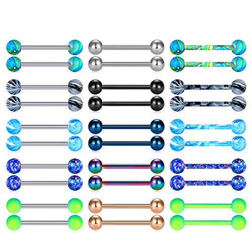 Mayhoop 14G 36Pcs Stainless Steel Nipple Rings Tongue Rings Straight Barbell Bars Piercing 14mm 16mm 18mm in Length for Women Men - color: Dark - 16mm (5/8")