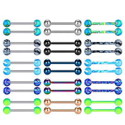 Mayhoop 14G 36Pcs Stainless Steel Nipple Rings Tongue Rings Straight Barbell Bars Piercing 14mm 16mm 18mm in Length for Women Men - color: Dark - 16mm (5/8")