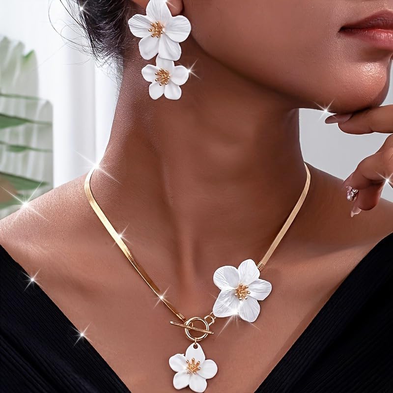 Colorful Flower Necklace Earrings Set for Women Gold Snake Chain Toggle Clasp Pendant Necklaces Dainty Double Flowers Statement Earrings Bridal Wedding Summer Beach Jewelry for Women - color: white