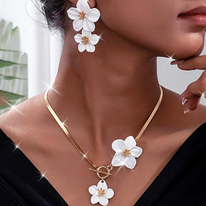 Colorful Flower Necklace Earrings Set for Women Gold Snake Chain Toggle Clasp Pendant Necklaces Dainty Double Flowers Statement Earrings Bridal Wedding Summer Beach Jewelry for Women - color: white