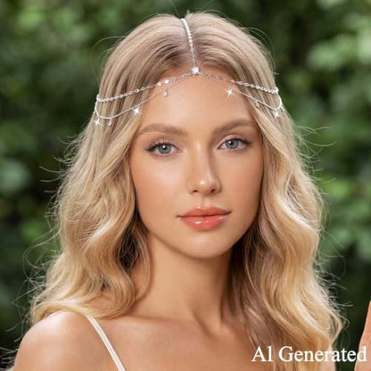 BARTOSI Rhinestone Head Chain Silver Wedding Headpiece Jewelry for Women | Boho Crystal Head Chain Silver Forehead Layered Headband Prom Bridal Hair Accessories - color: A-Silver