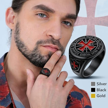 FaithHeart Mens Stainless Steel Crusader Jerusalem Cross Ring with 18K Gold Plated Two Tone Ring Size 7,8,9,10,11,12 - color: 06. Crusader Cross-Black(Custom)