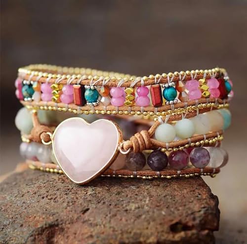 Women Wrap Bracelets Boho Natural Stone Jasper Turquoises Strand Bracelet Jewelry Collection - color: Pink