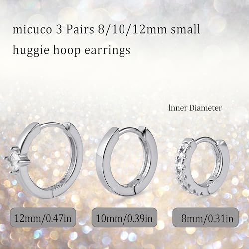 micuco 3 Pairs Small Gold Hoop Huggie Earrings Set for Women Men Tendy | 14K Gold Plated Small Huggie Hoop Earrings for Men, Tiny Cartilage Hypoallergenic Earring Set - style: N# SCZ Silver 8-10-12mm