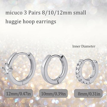 micuco 3 Pairs Small Gold Hoop Huggie Earrings Set for Women Men Tendy | 14K Gold Plated Small Huggie Hoop Earrings for Men, Tiny Cartilage Hypoallergenic Earring Set - style: N# SCZ Silver 8-10-12mm