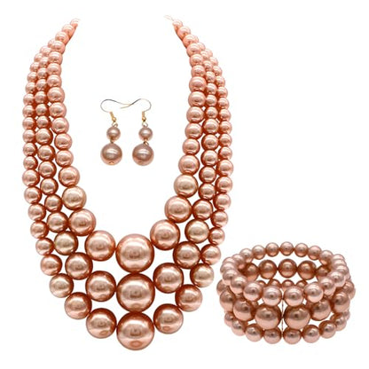 Big Chunky Pearl Necklace and Earrings Set Large Costume 1920s Faux Pearls Gatsby Accessories - color: A-Champagne pearl necklace set