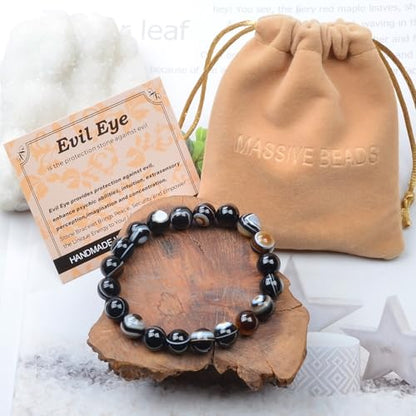 MASSIVE BEADS Handmade Yoga Stretch Elastic Bracelet Natural Stone Crystal Healing Power Energy Gifts for Unisex Adult 4mm 6mm 8mm 10mm - color: Evil Eye Agate(Against Evil), size: 10mm