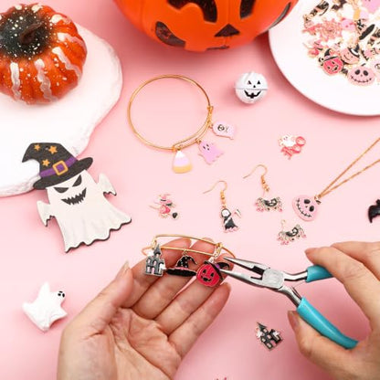 40 Pcs/20 Pairs Pink Halloween Charms for Jewelry Making | Assorted Enamel Halloween Pendants, Pumpkin Ghost Skull Witch Charm, Bracelet Necklace Earring Crafting, DIY Gift Accessories - style: Pink Halloween