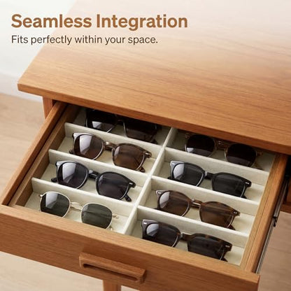 Stratalife 8 Grids Drawer Sunglasses Organizer Tray, Beige Velvet | Stackable Eyeware Storage Case with Removable Dividers, Wood Jewelry Display Case for Necklace Bracelet, 13.78x9.5x1.2 Inch - color: Beige-01