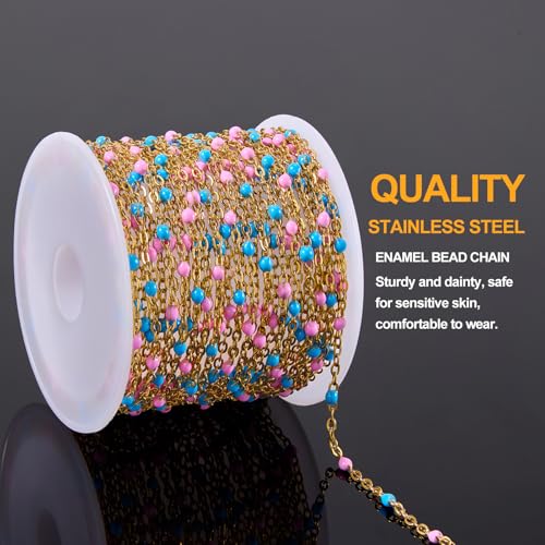 16.4FT Blue Pink Enamel Bead Chain Roll Gold Plated Necklace Jewelry Links | Gold Plated Stainless Steel Bulk Chains for Jewelry Making with Lobster Clasps Jump Rings for Crafting - color: gold-blue pink