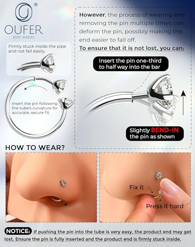 OUFER 2PCS Nose Rings Hoops, 20g Double Gem Horseshoe Threadless Nose Rings for Women, Septum Clicker Daith Tragus Helix Rook Eyebrow Lip Piercing Jewelry - color: Silver AB CZ