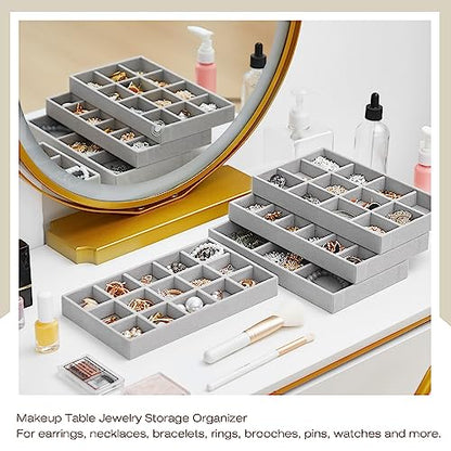 12 Pcs Jewelry Tray Velvet Stackable Jewelry Organizer Trays Divided Earring Accessories Storage Containers Box (Rose Red) - color: Gray