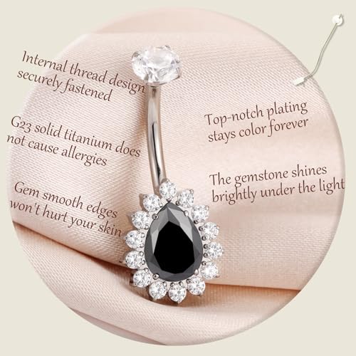 AROWRO Gold Belly Button Ring G23 Titanium Hypoallergenic 14G belly ring for Women Men Teardrop Navel Piercing Jewelry 10mm Barbell With Cubic Zircon - color: Sliver+Black CZ