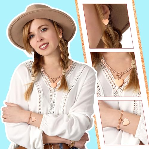 3 Pcs Heart Bow Snow Jewelry Set | Heart Necklace with Bracelet Earring, Snow Jewelry Set for Women, Bow Charms Toggle Gifts - color: Rose Gold, style: Stainless Steel Heart