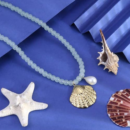Fish Shell Necklace for Women, Beaded Necklaces Boho Statement Necklace, Pearl Necklaces Summer Beach Vacation Dress & Costume Jewelry - color: Light Green-shell