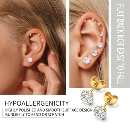 316L Stainless Steel Stud Set for Women Men, 20G Hypoallergenic Cartilage Jewelry with 2mm–8mm CZ Zirconia, Silver & Gold for Sensitive Ear Piercing - color: Sunlight Gold