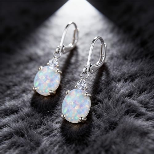 Dainty Opal Earrings for Women Sterling Silver Pear Oval Blue Opal Dangle Earrings Leverback Earrings Gold - color: leverback-white opal