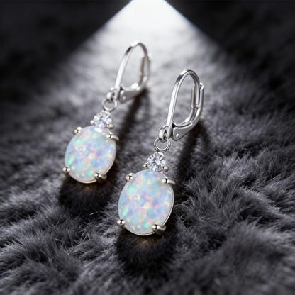 Dainty Opal Earrings for Women Sterling Silver Pear Oval Blue Opal Dangle Earrings Leverback Earrings Gold - color: leverback-white opal