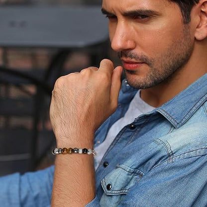 Mens Bead Bracelet Set - Adjustable Elastic Rope With 6&8MM Natural Stone Multi-Colored Beads - Tiger Eye Bracelets for Men - Gift - style: 1 Stainless steel bracelet