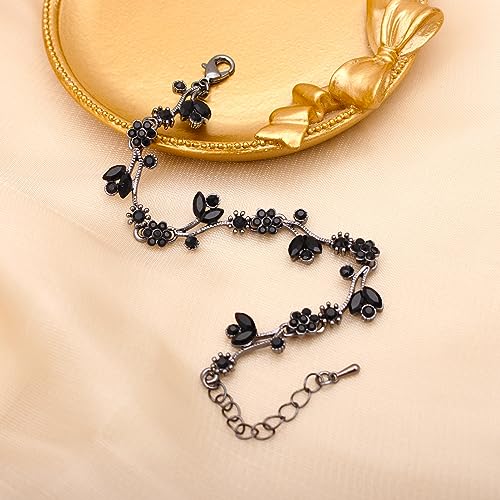 Elegant Brides Austrian Crystal Flower Choker Necklace Drop Dangle Earring Bracelet Wedding Jewelry Set for Bridesmaid Prom Costume Jewelry Set for Women - color: Black-Jet