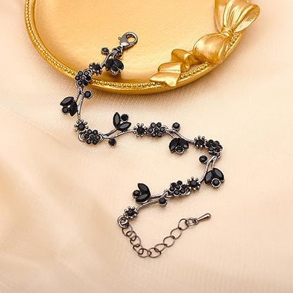 Elegant Brides Austrian Crystal Flower Choker Necklace Drop Dangle Earring Bracelet Wedding Jewelry Set for Bridesmaid Prom Costume Jewelry Set for Women - color: Black-Jet