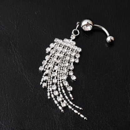 14G CZ Tassel Dangle Belly Button Rings for Women Sparkling Cubic Zirconia Crystal Fringe Dangling Belly Navel Studs Rings Navel Curved Barbell Body Piercing Jewelry