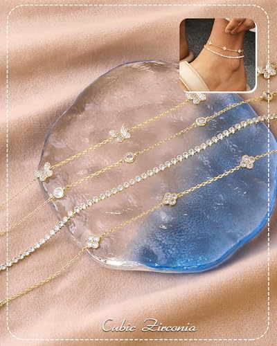 RLMOON Gold Silver Anklets for Women CZ Ankle Bracelets 14K Gold Plated | Waterproof Layered Stackable Clover Butterfly Tennis Chain Anklet Non Tarnish Trendy Summer Beach Foot Jewelry - color: Gold anklet D
