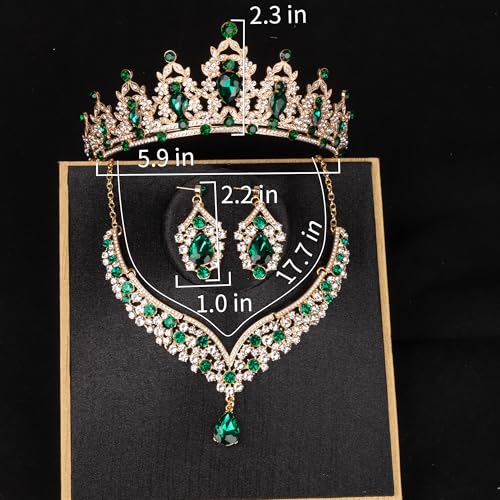 Crowns and Tiaras jewelry sets for Wedding princess birthday party Halloween Prom Pageant Jewelry for Women Crystal Bridal Jewelry Set for women - color: Gold Green