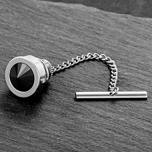 HAWSON Black Stone Tie Tack for Men Tie Pin with Chain for Wedding Birthday Anniversary Party - color: silver tone 2