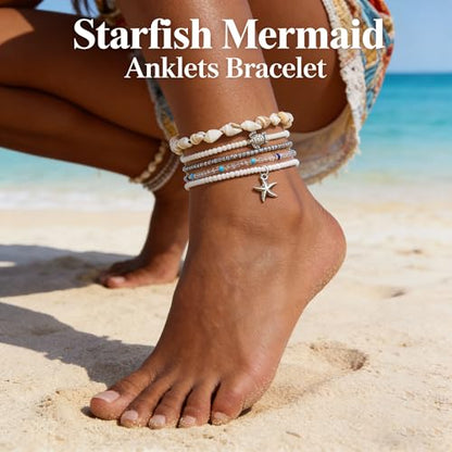 Beaded Starfish Mermaid Anklets Bracelet for Women Waterproof Starfish Shell Pearl Anklet Stackable Stretch Beaded Anklets Hawaiian Beach Jewelry Mermaid Costume Outfits Accessories - style: Turtle Starfish