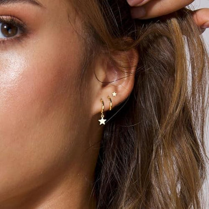 3 Pairs Earring Stacks, Gold Earring Set Jewelry Gift for Women | Small, 14K Gold/White Gold/Black/Rose Gold Plated, Hypoallergenic, Her, Everday, Stackable, Simple, 3 Holes - color: Gold-Star