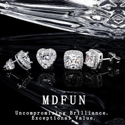 MDFUN Halo Stud Earrings 18K Gold Plated Round/Square/Heart/Teardrop Cubic Zirconia Earrings Set for Women - color: A-Square/Heart